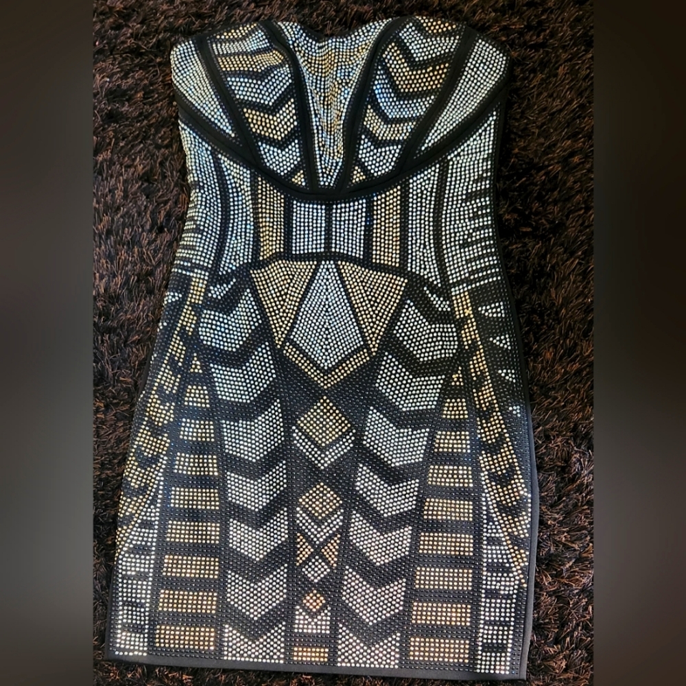 Geo stubbed tube dress - G by Guess, Small, black with silver and gold details.